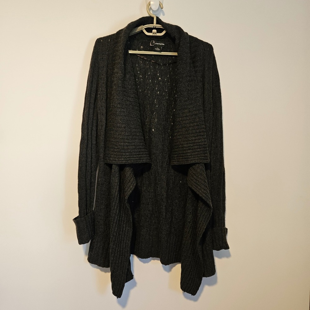 Bloomingdales Wool Cashmere Cardigan XL Gray Open Front Pointelle Draped Sweater
